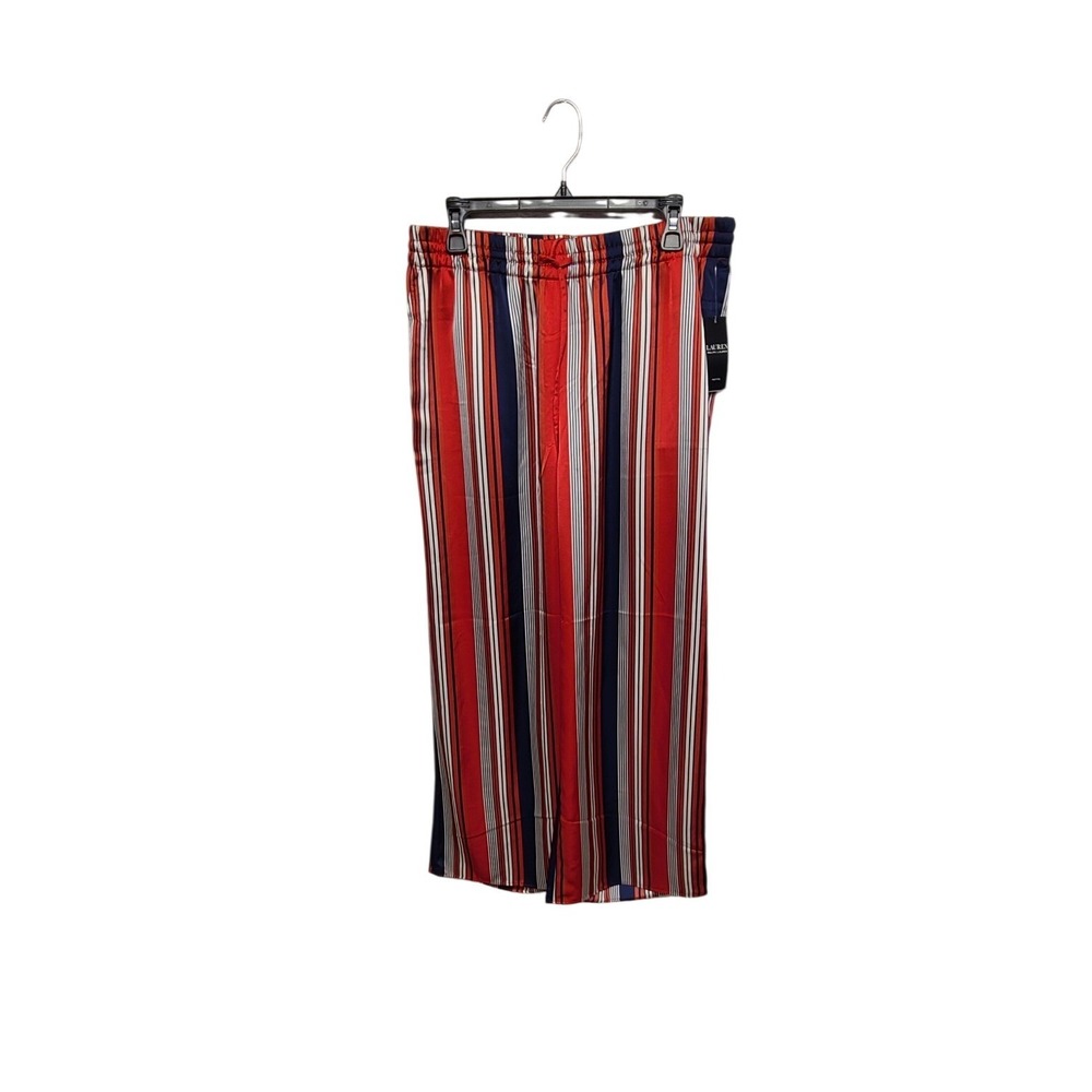 Lauren Ralph Lauren Petite L Striped Wide Leg Pants Red Navy White Elastic Waist